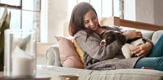 A woman sits on a sofa holding a brown and white puppy